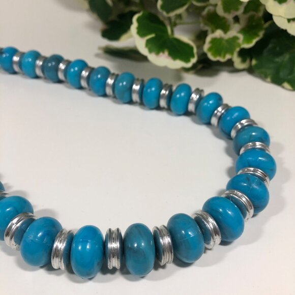 Faux Turquoise Beaded Necklace Chunky Blue Statement Silver Tone Spacer Jewelry - Picture 3 of 4